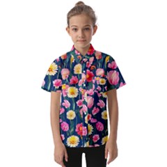 Botanical Flowers Pattern Kids  Short Sleeve Shirt