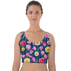 Botanical Flowers Pattern Velvet Crop Top by GardenOfOphir