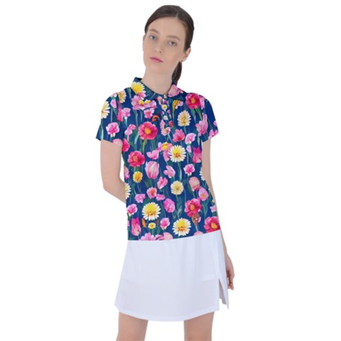 Botanical Flowers Pattern Women s Polo Tee by GardenOfOphir