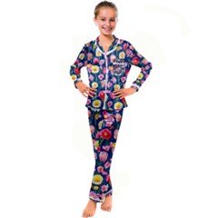 Botanical Flowers Pattern Kid s Satin Long Sleeve Pajamas Set by GardenOfOphir