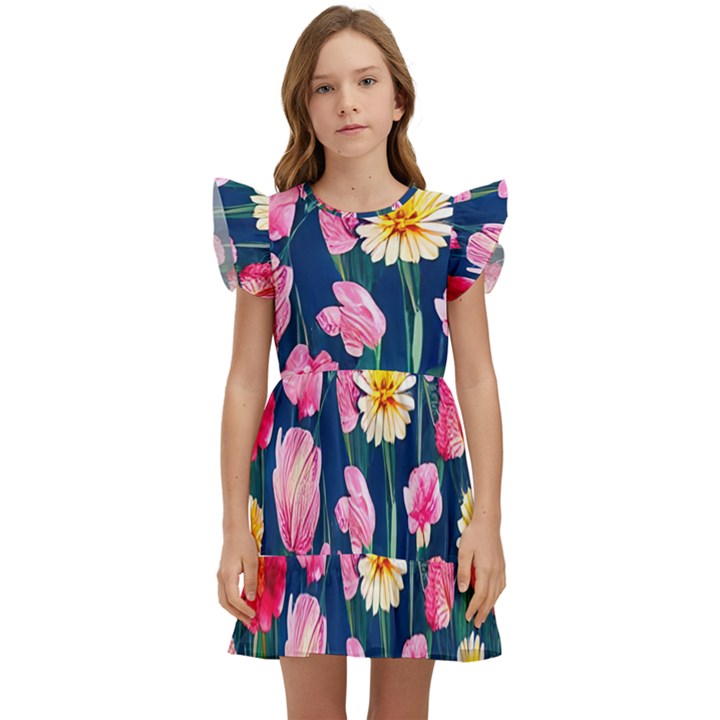 Botanical Flowers Pattern Kids  Winged Sleeve Dress