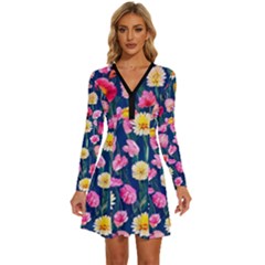 Botanical Flowers Pattern Long Sleeve Deep V Mini Dress 