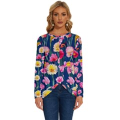 Botanical Flowers Pattern Long Sleeve Crew Neck Pullover Top