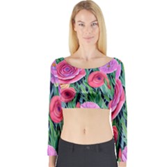 Boho Retropical Flowers Long Sleeve Crop Top by GardenOfOphir