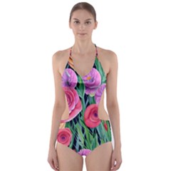 Boho Retropical Flowers Cut-out One Piece Swimsuit by GardenOfOphir