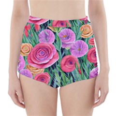 Boho Retropical Flowers High-waisted Bikini Bottoms by GardenOfOphir