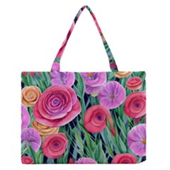 Boho Retropical Flowers Zipper Medium Tote Bag by GardenOfOphir