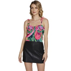 Boho Retropical Flowers Flowy Camisole Tie Up Top