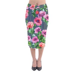 Vintage Botanic Flowers In A Watercolor Velvet Midi Pencil Skirt by GardenOfOphir