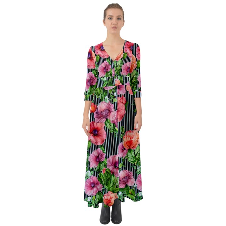 Vintage Botanic Flowers In A Watercolor Button Up Boho Maxi Dress