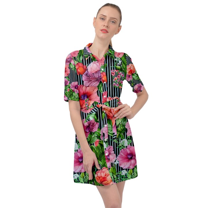 Vintage Botanic Flowers In A Watercolor Belted Shirt Dress