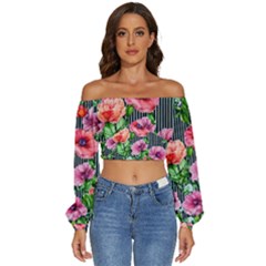 Vintage Botanic Flowers In A Watercolor Long Sleeve Crinkled Weave Crop Top