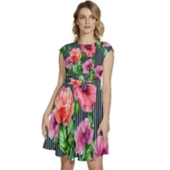 Vintage Botanic Flowers In A Watercolor Cap Sleeve High Waist Dress