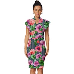 Vintage Botanic Flowers In A Watercolor Vintage Frill Sleeve V-neck Bodycon Dress