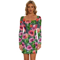 Vintage Botanic Flowers In A Watercolor Long Sleeve Square Neck Bodycon Velvet Dress