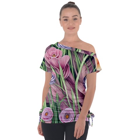 Ottagecore Aesthetics Retro Flowers Pattern Off Shoulder Tie-up Tee by GardenOfOphir