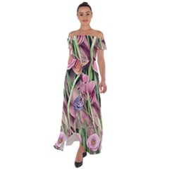 Ottagecore Aesthetics Retro Flowers Pattern Off Shoulder Open Front Chiffon Dress by GardenOfOphir