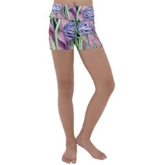 Ottagecore Aesthetics Retro Flowers Pattern Kids  Lightweight Velour Yoga Shorts by GardenOfOphir