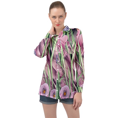 Ottagecore Aesthetics Retro Flowers Pattern Long Sleeve Satin Shirt by GardenOfOphir