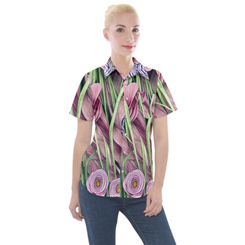 Ottagecore Aesthetics Retro Flowers Pattern Women s Short Sleeve Pocket Shirt by GardenOfOphir