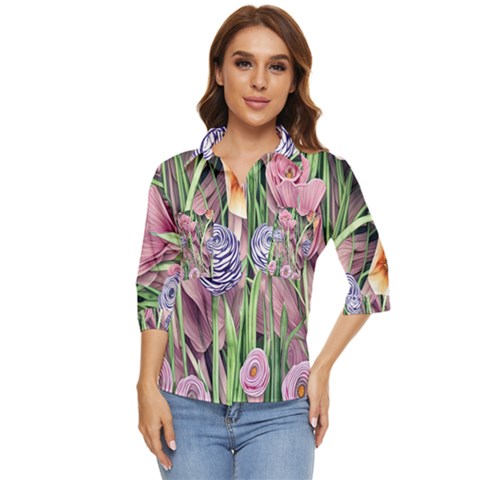 Ottagecore Aesthetics Retro Flowers Pattern Women s Quarter Sleeve Pocket Shirt by GardenOfOphir