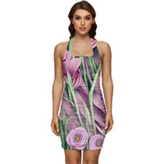 Ottagecore Aesthetics Retro Flowers Pattern Sleeveless Wide Square Neckline Ruched Bodycon Dress