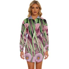 Ottagecore Aesthetics Retro Flowers Pattern Womens Long Sleeve Shirt Dress