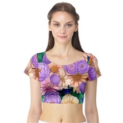 Exotic Tropical Botanical Flowers Pattern Short Sleeve Crop Top by GardenOfOphir