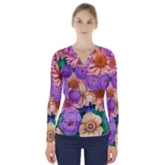 Exotic Tropical Botanical Flowers Pattern V-neck Long Sleeve Top by GardenOfOphir