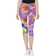 Exotic Tropical Botanical Flowers Pattern Inside Out Lightweight Velour Capri Leggings  by GardenOfOphir