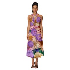 Exotic Tropical Botanical Flowers Pattern Sleeveless Cross Front Cocktail Midi Chiffon Dress