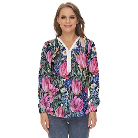 Tropical Paradise Zip Up Long Sleeve Blouse by GardenOfOphir