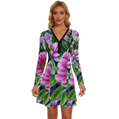 Bouquet Of Sunshine Long Sleeve Deep V Mini Dress 