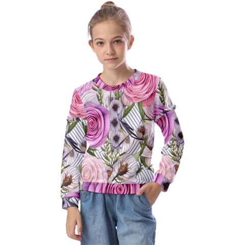 Summertime Blooms Kids  Long Sleeve Tee With Frill  by GardenOfOphir