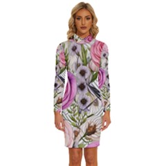 Summertime Blooms Long Sleeve Shirt Collar Bodycon Dress