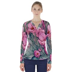 Nature-inspired Flowers V-neck Long Sleeve Top by GardenOfOphir