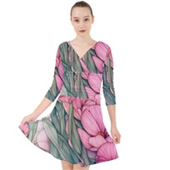 Nature-inspired Flowers Quarter Sleeve Front Wrap Dress by GardenOfOphir