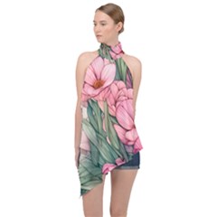 Nature-inspired Flowers Halter Asymmetric Satin Top by GardenOfOphir