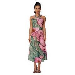 Nature-inspired Flowers Sleeveless Cross Front Cocktail Midi Chiffon Dress