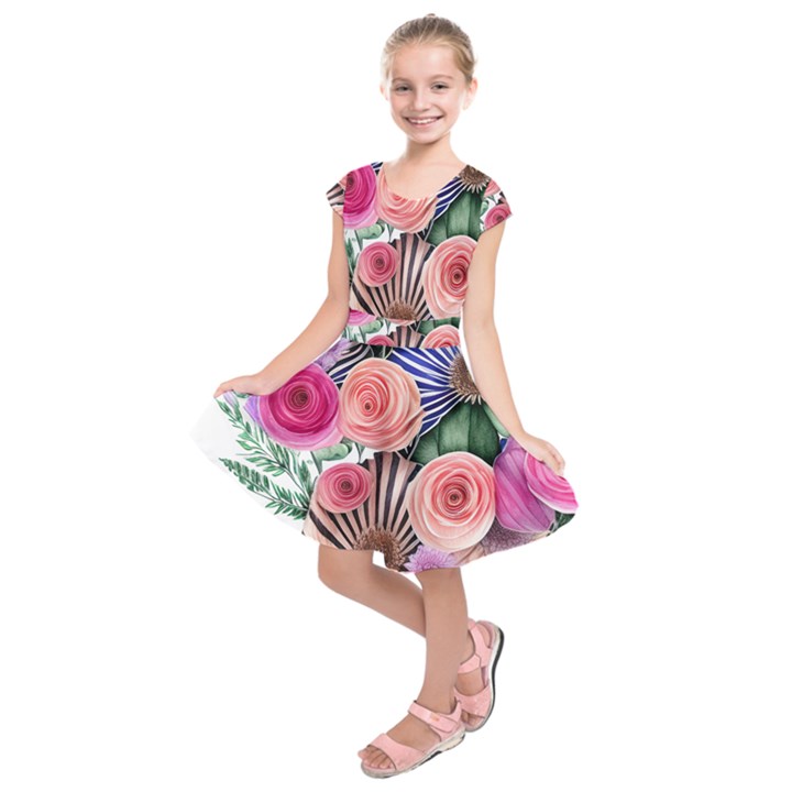 Boho Botanical Flowers Kids  Short Sleeve Dress