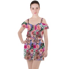 Boho Botanical Flowers Ruffle Cut Out Chiffon Playsuit