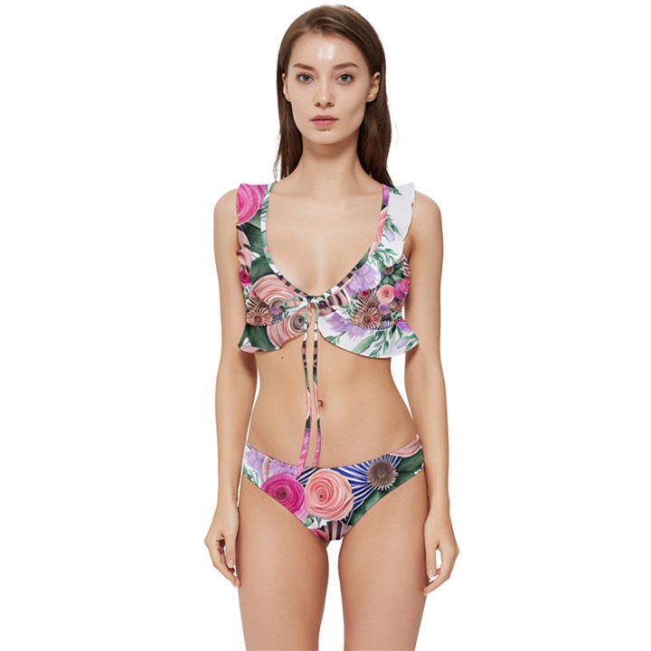 Boho Botanical Flowers Low Cut Ruffle Edge Bikini Set