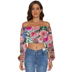 Boho Botanical Flowers Long Sleeve Crinkled Weave Crop Top