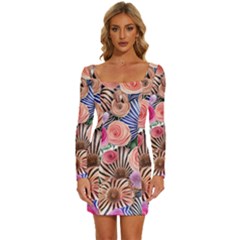 Boho Botanical Flowers Long Sleeve Square Neck Bodycon Velvet Dress