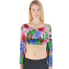 Exotic Tropical Flowers Long Sleeve Crop Top by GardenOfOphir