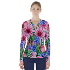 Exotic Tropical Flowers V-neck Long Sleeve Top by GardenOfOphir