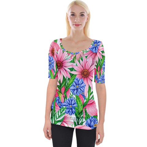 Exotic Tropical Flowers Wide Neckline Tee by GardenOfOphir