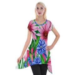 Exotic Tropical Flowers Short Sleeve Side Drop Tunic by GardenOfOphir