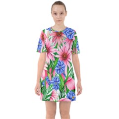 Exotic Tropical Flowers Sixties Short Sleeve Mini Dress by GardenOfOphir