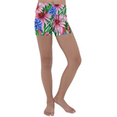 Exotic Tropical Flowers Kids  Lightweight Velour Yoga Shorts by GardenOfOphir